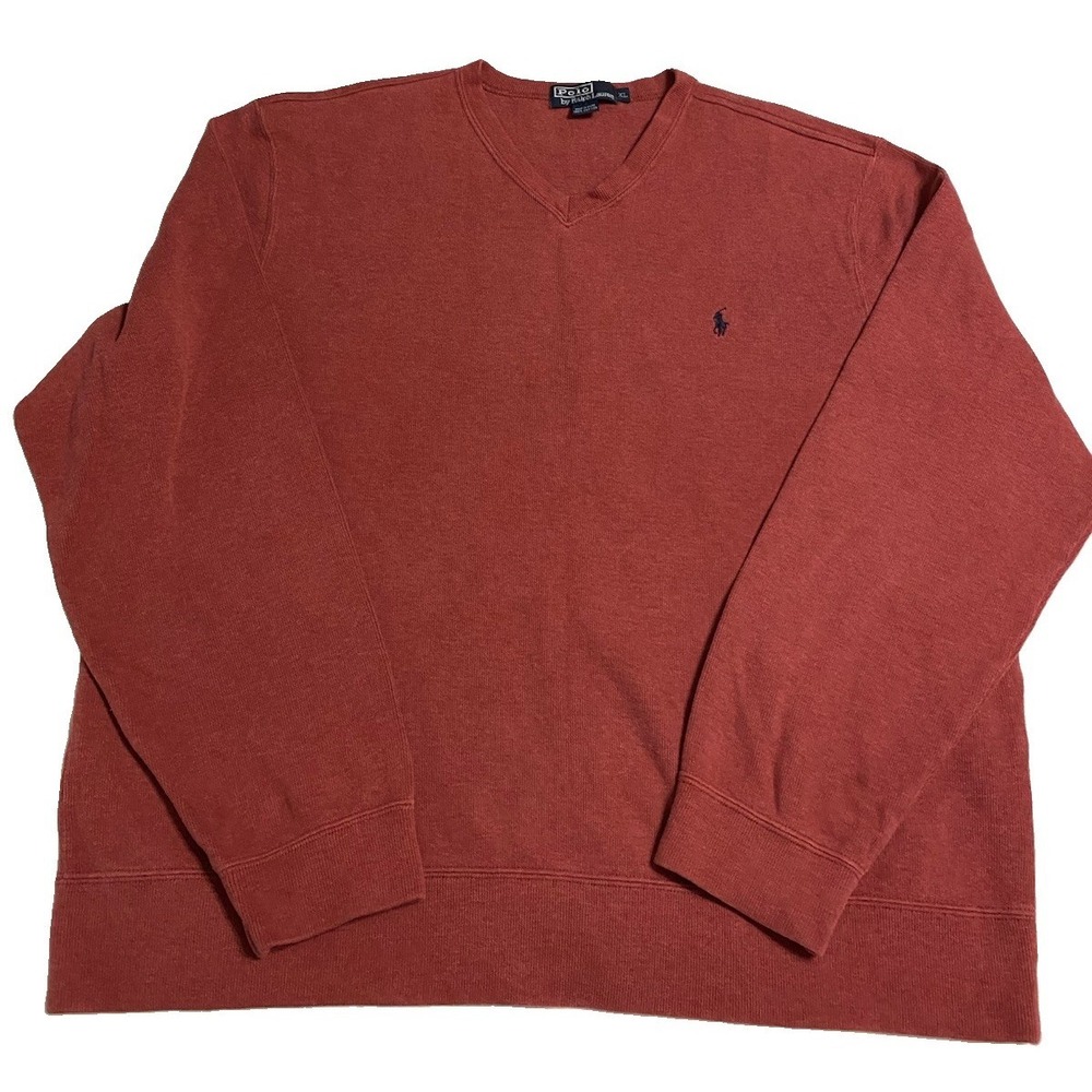 VTG Polo Ralph Lauren V-Neck Sweater Mens XL Faded Red Terracotta Cotton Knit